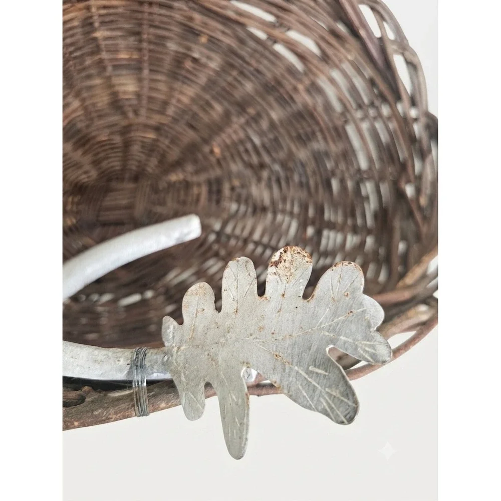 Woven Grapevine Wicker Harvest Basket Large Brown Metal Oak Branch Handle 29in
